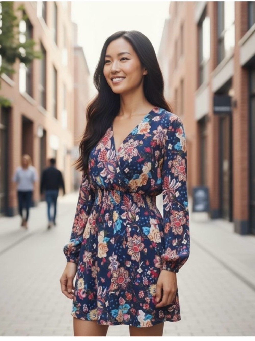 Haute Hippie Silk Navy Floral Long Sleeve Dress